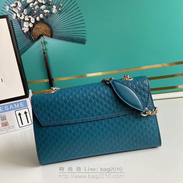 Gucci古馳包包 G家新款女包 款號:449635 古奇藍色壓花皮鏈條單肩斜挎女包  gdj1318